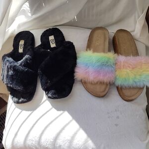 BP Women's Black and Multicolor Furry Slipper And Sandals- New Without Tags